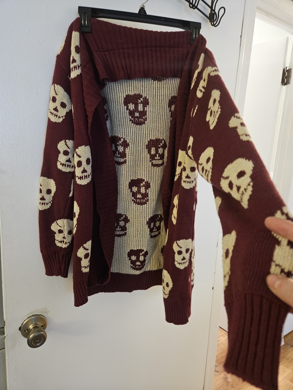 Womens Burgundy Skull Pattern Open Cardigan Sweater